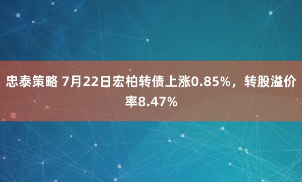 忠泰策略 7月22日宏柏转债上涨0.85%，转股溢价率8.47%