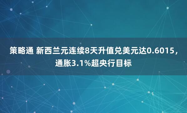 策略通 新西兰元连续8天升值兑美元达0.6015,通胀3.1%超央行目标